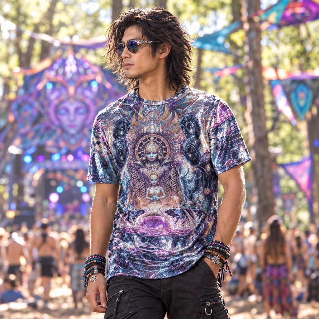 A man wearing a short-sleeve shiny crewneck t-shirt with a highly detailed, colorful graphic print featuring various spiritual and mystical illustrations, at an outdoor transformational festival.