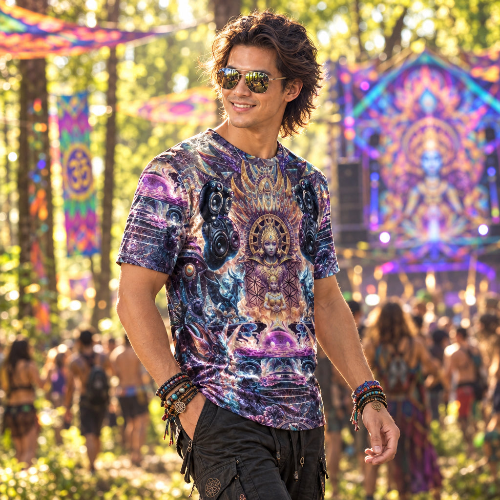 A man wearing a short-sleeve crewneck t-shirt with an all-over psychedelic, mandala-style graphic print in purple, blue, and beige tones, as a edm rave Tshirt.