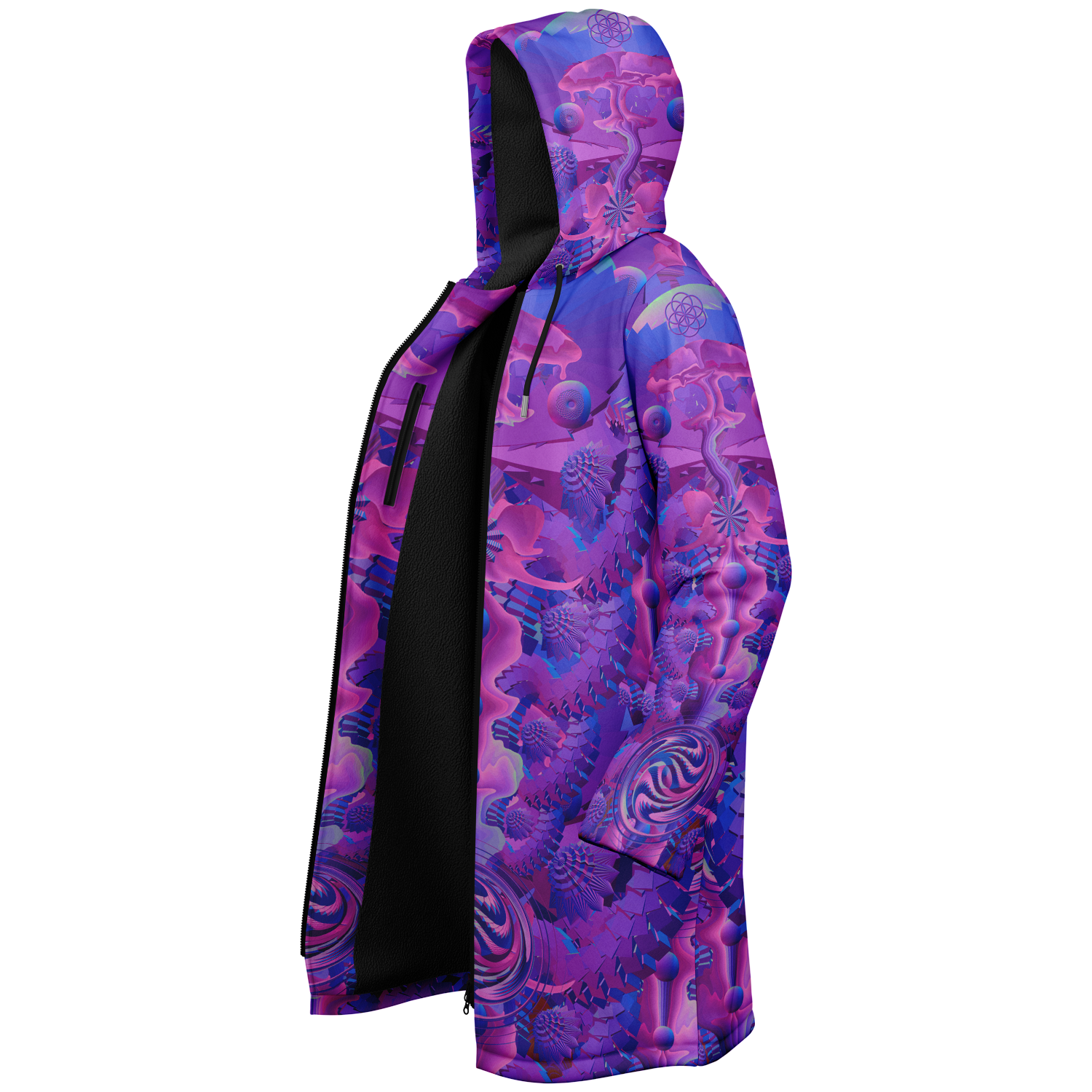 Purple Shroom Flower Of Life Women's Festival Cloak back view with psytrance events