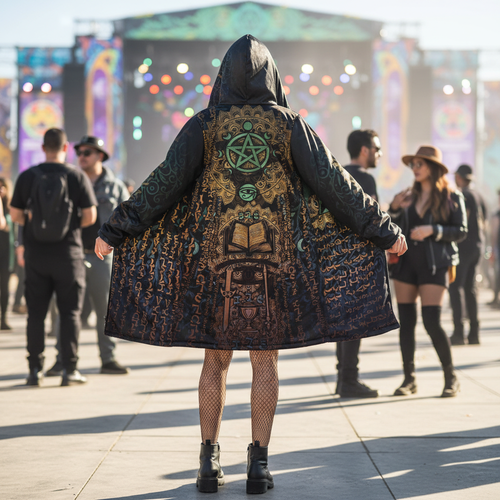 Enochian Vision Men's Festival Cloak front view with psychedelic cloak