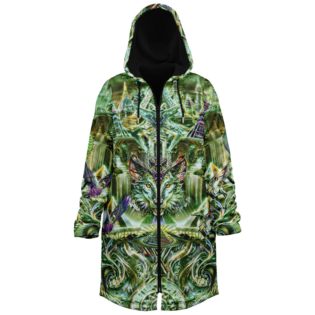 Dream Weaver Green Men's Festival Cloak back view with psychedelic festival art
