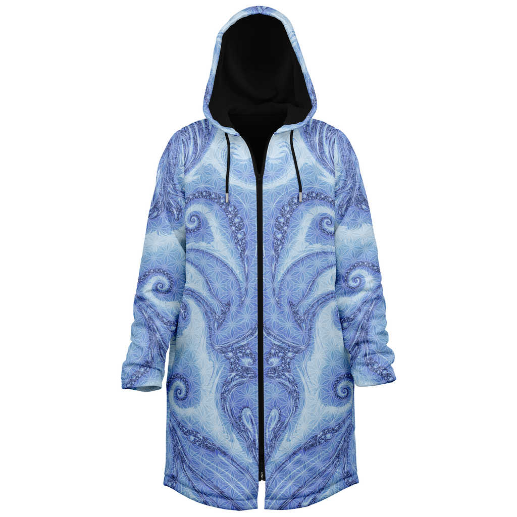 Blue Cosmic Flower Of Life Women's Festival Cloak side view with visionary art