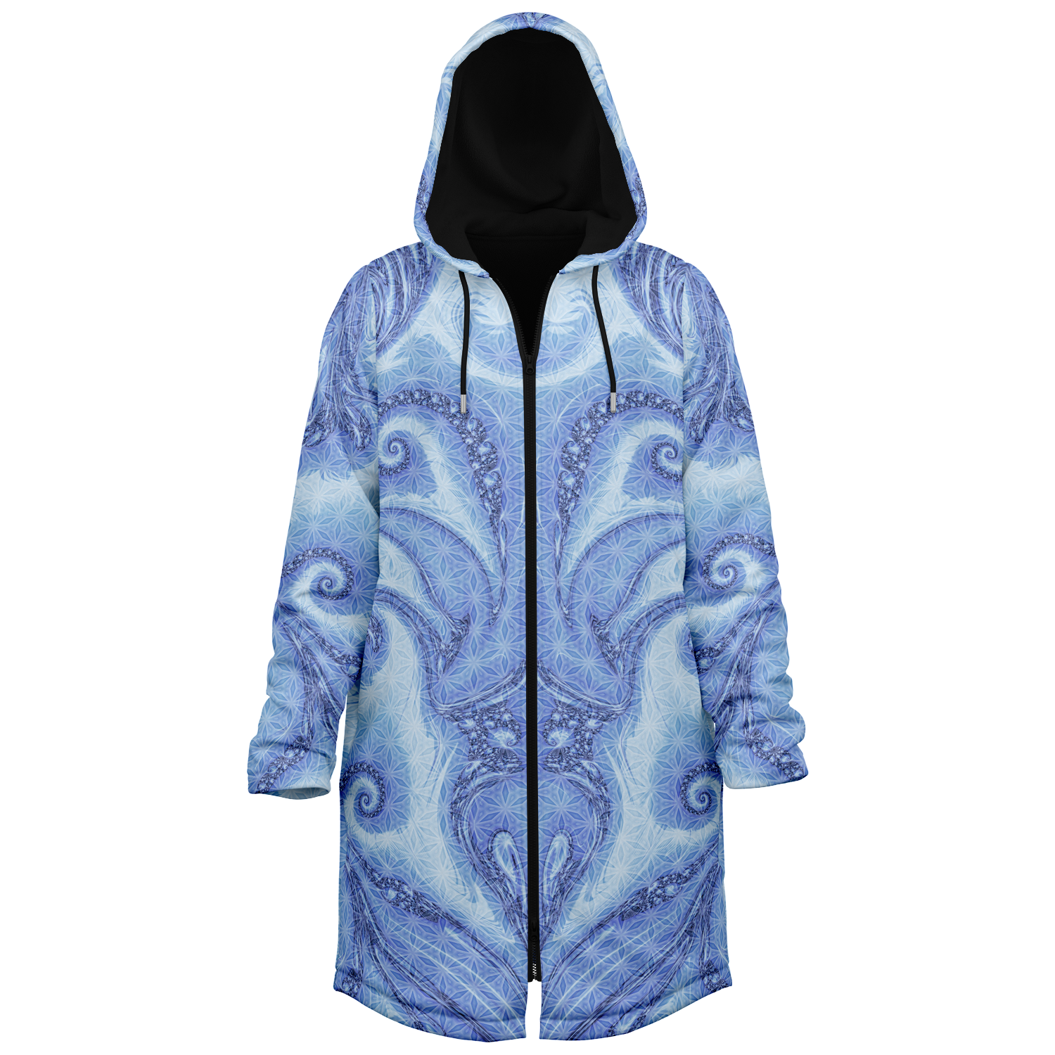 Blue Cosmic Flower Of Life Women's Festival Cloak side view with visionary art