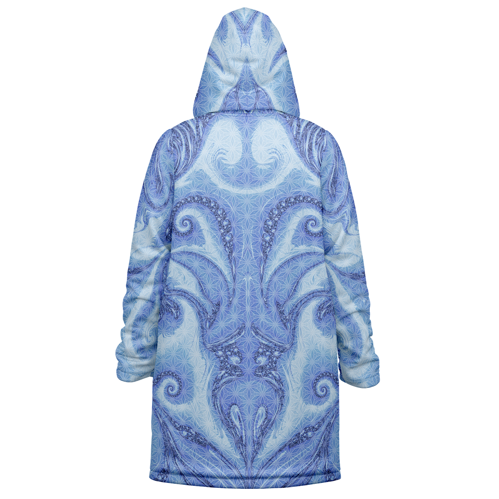 Blue Cosmic Flower Of Life Women's Festival Cloak back view with EDM festivals