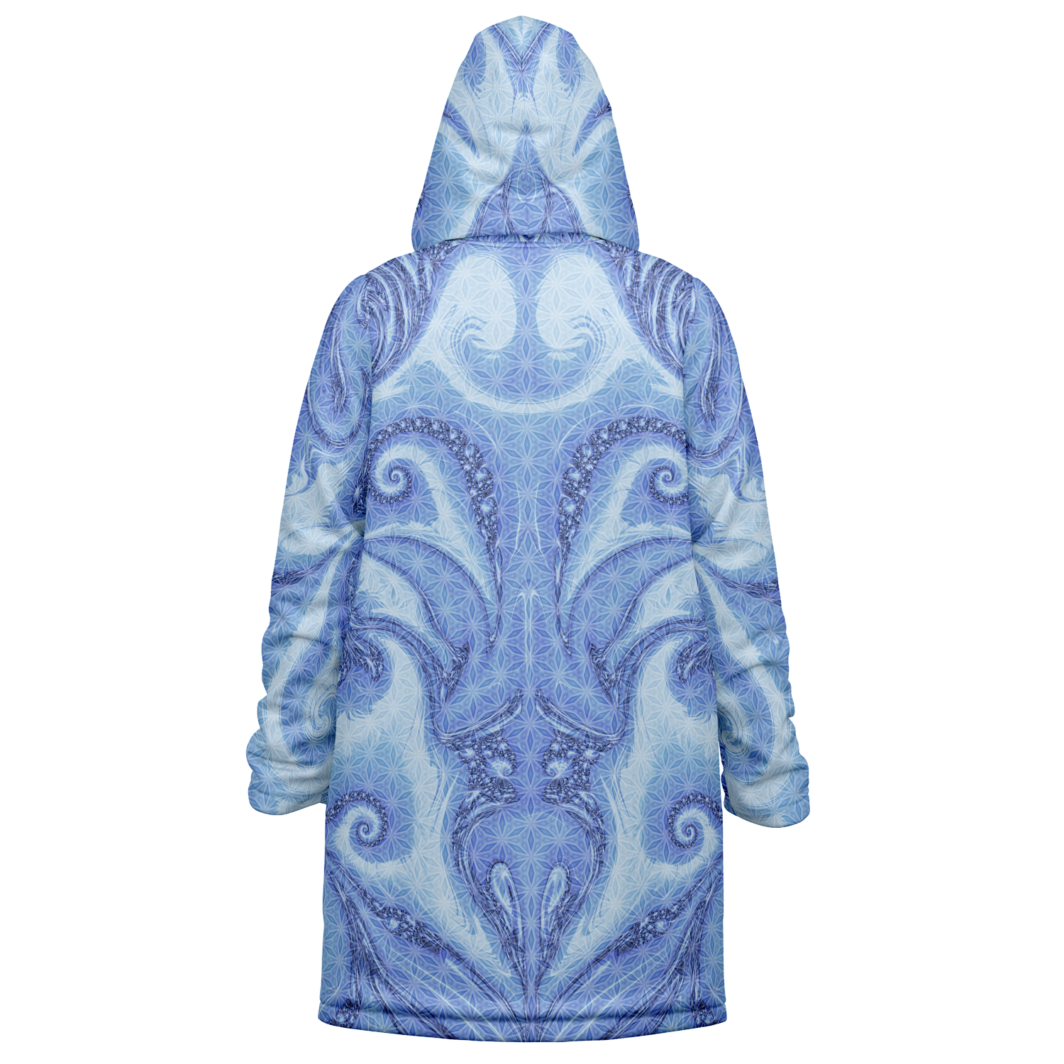 Blue Cosmic Flower Of Life Women's Festival Cloak back view with EDM festivals