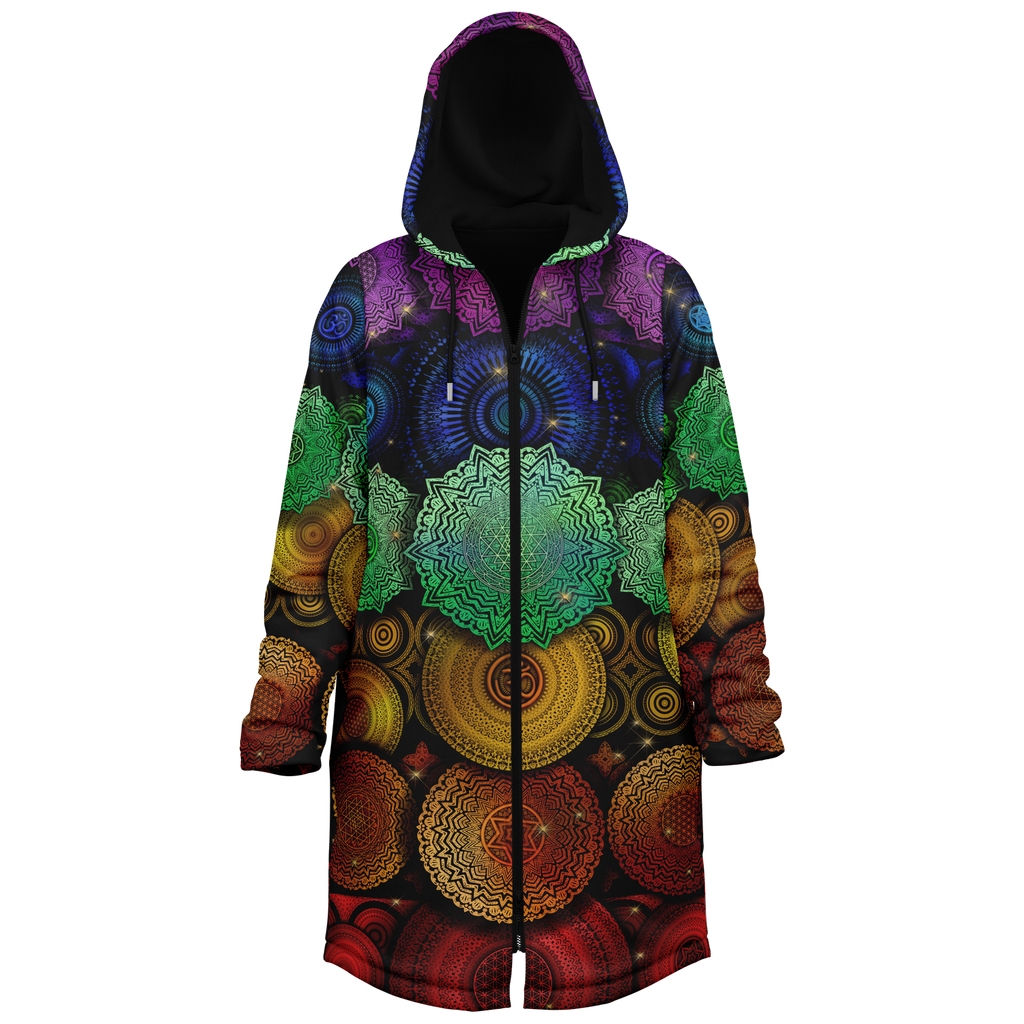 Chakra Mandala Women's Festival Cloak side view with sacred geometry art