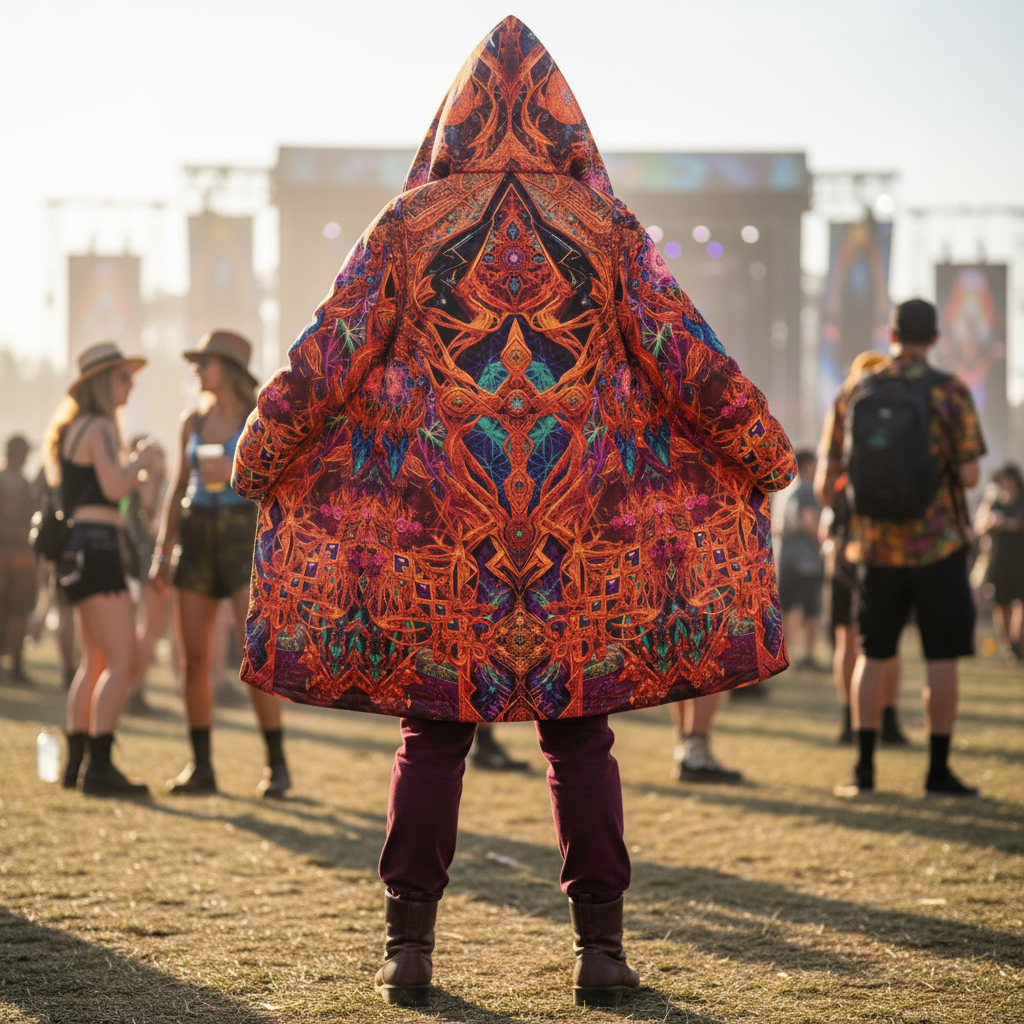 Cosmic Cross Red Men's Festival Cloak front view with sacred geometry cloak