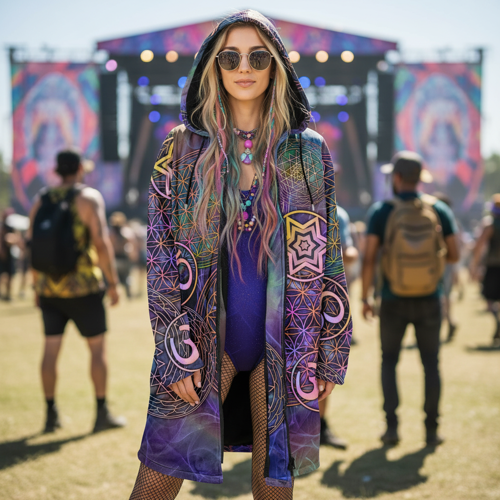 Sacred Geo Women's Festival Cloak back view with music festivals