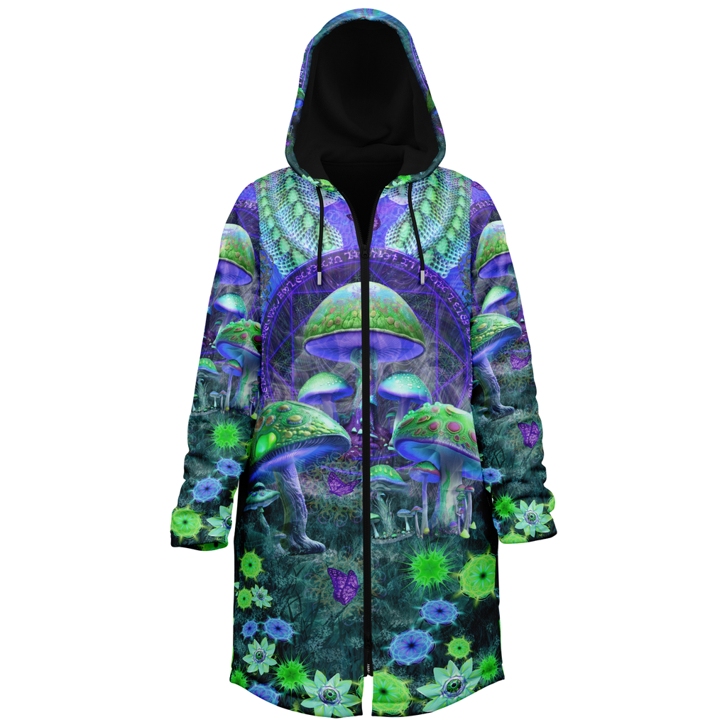 Shroom Rx Blue Men's Festival Cloak side view with sacred geometry art