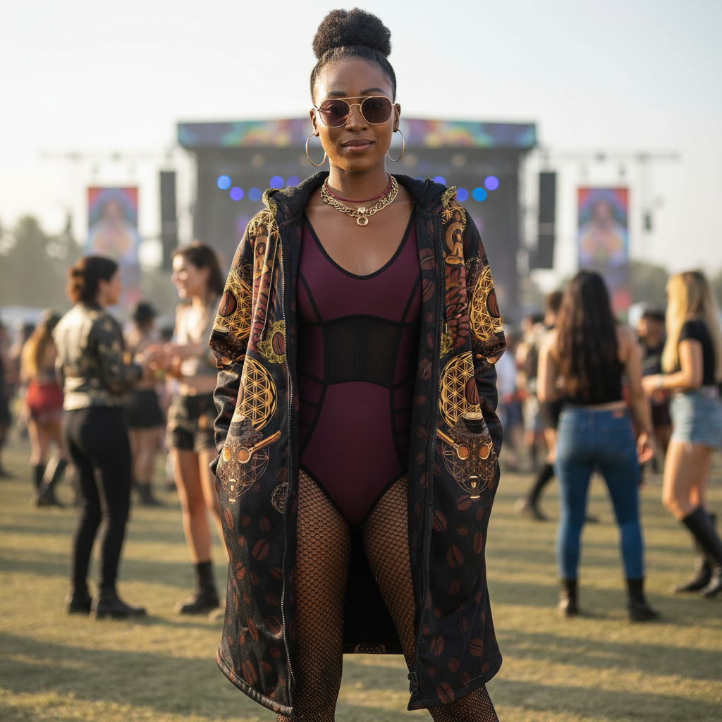 Sacred Grounds Women's Festival Cloak detail view with spiritual fashion