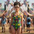 Cystalline Forest Women's Festival One-Piece Swimsuit back view with poolside fashion