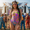 Psytrance Women's Festival One-Piece Swimsuit front view with women's swimsuit