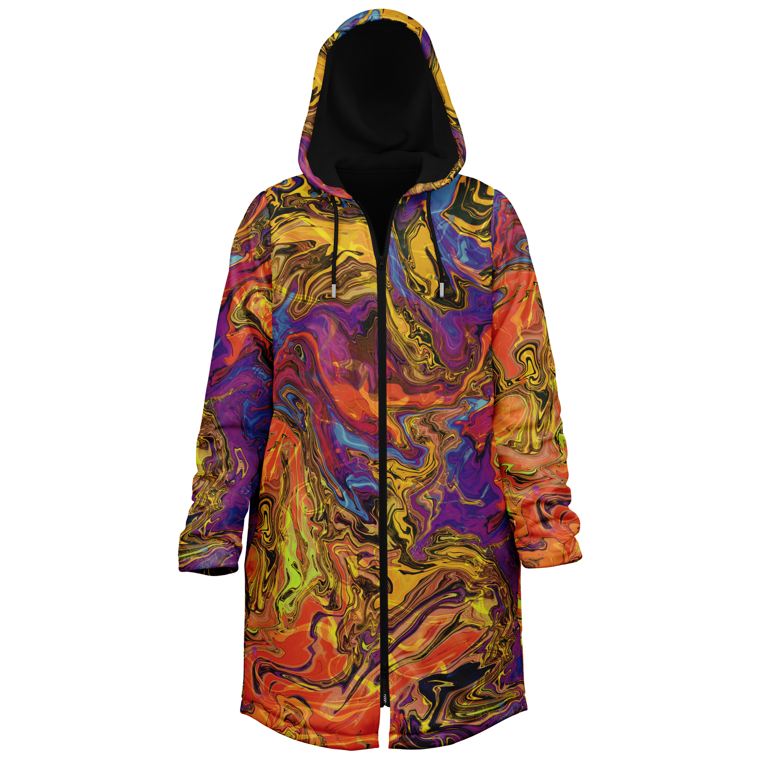 Liquid Fire Men's Festival Cloak side view with psychedelic art