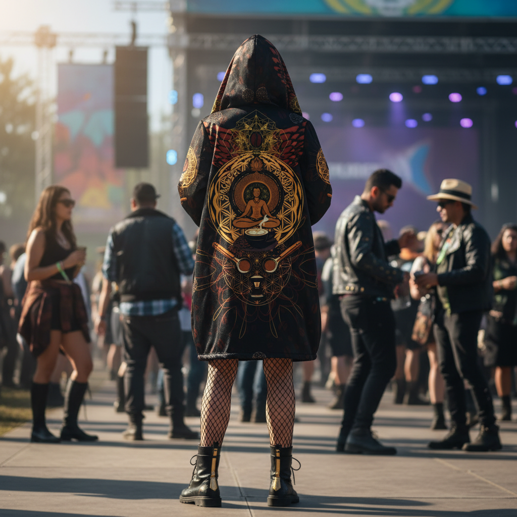 Sacred Grounds Men's Festival Cloak front view with rave cloak