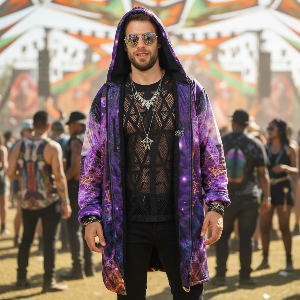 Ophanim Men's Festival Cloak back view with psytrance events