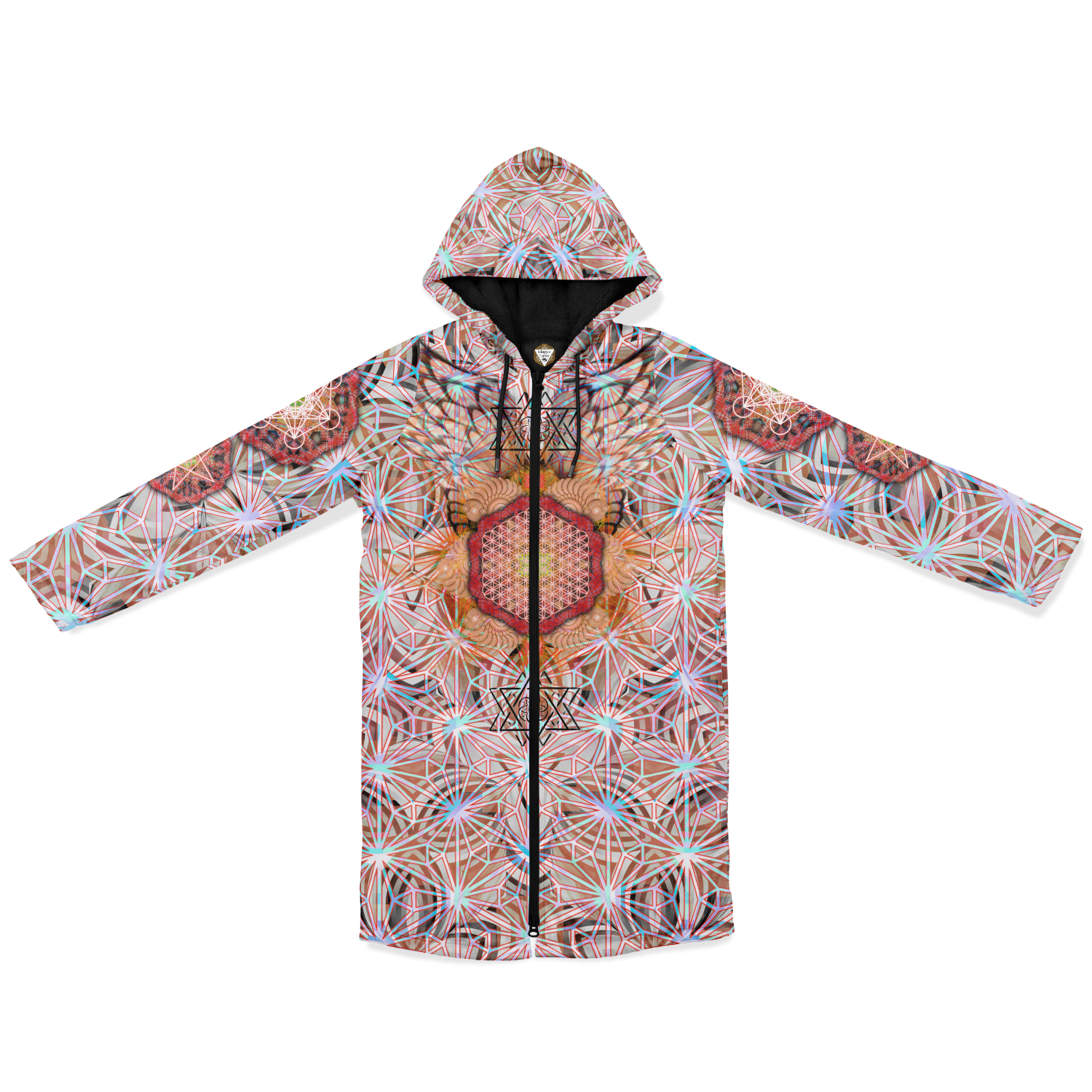 Angel Catcher Light Orange Men's Festival Cloak front view with psychedelic festival art