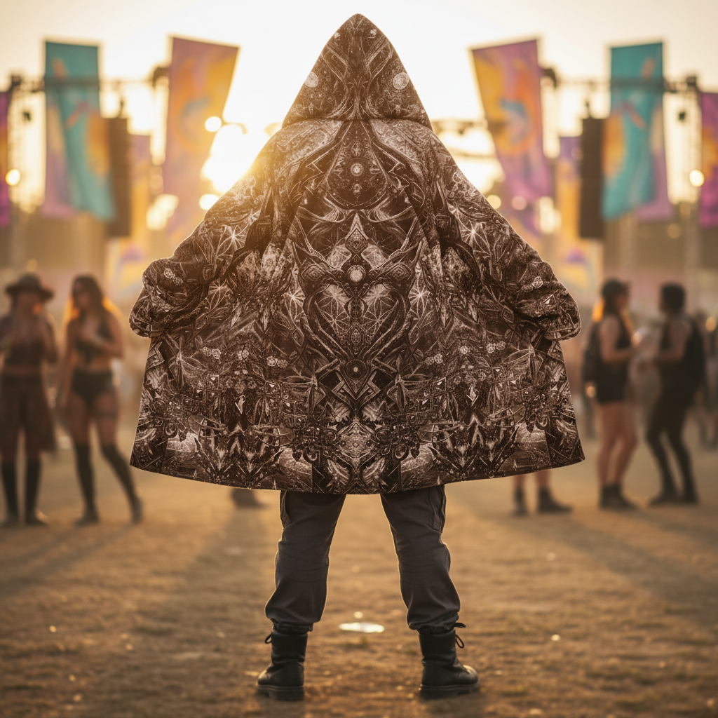 Black Cosmic Cross Men's Festival Cloak front view with psychedelic cloak