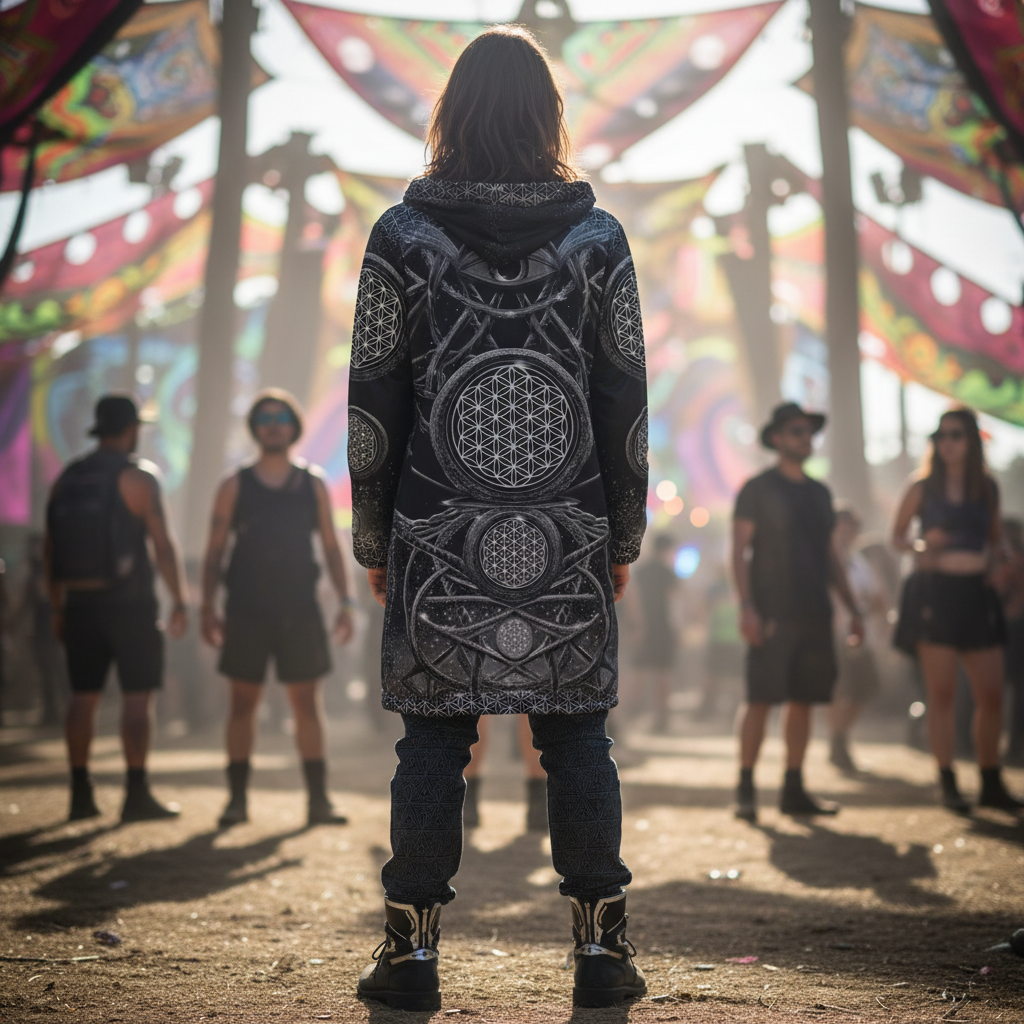 Black Mystic Eye Men's Festival Cloak back view with festival wear and mystic eye artwork