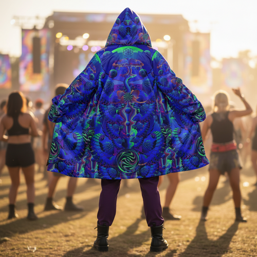 Blue Shroom Flower Of Life Men's Festival Cloak front view with sacred geometry and shroom flower of life artwork