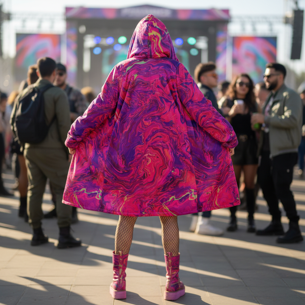 Pink Acid Oasis Women's Festival Cloak front view with sacred geometry cloak