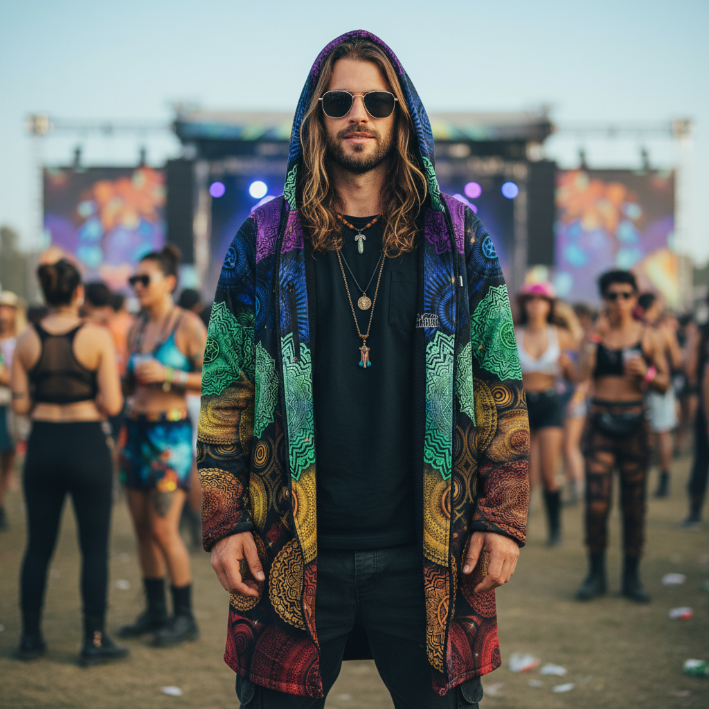 Chakra Mandala Men's Festival Cloak back view with music festivals
