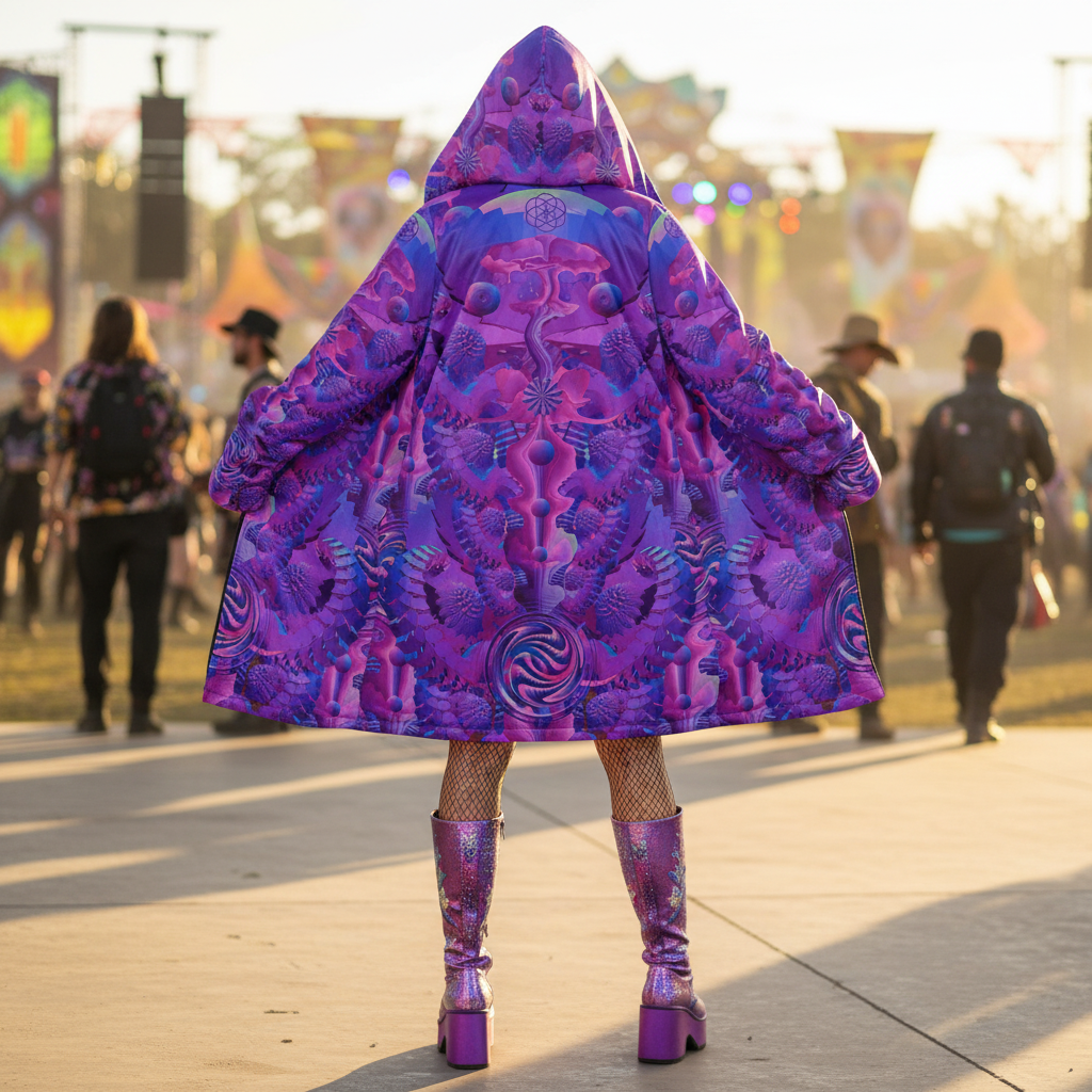 Purple Shroom Flower Of Life Women's Festival Cloak front view with sacred geometry cloak
