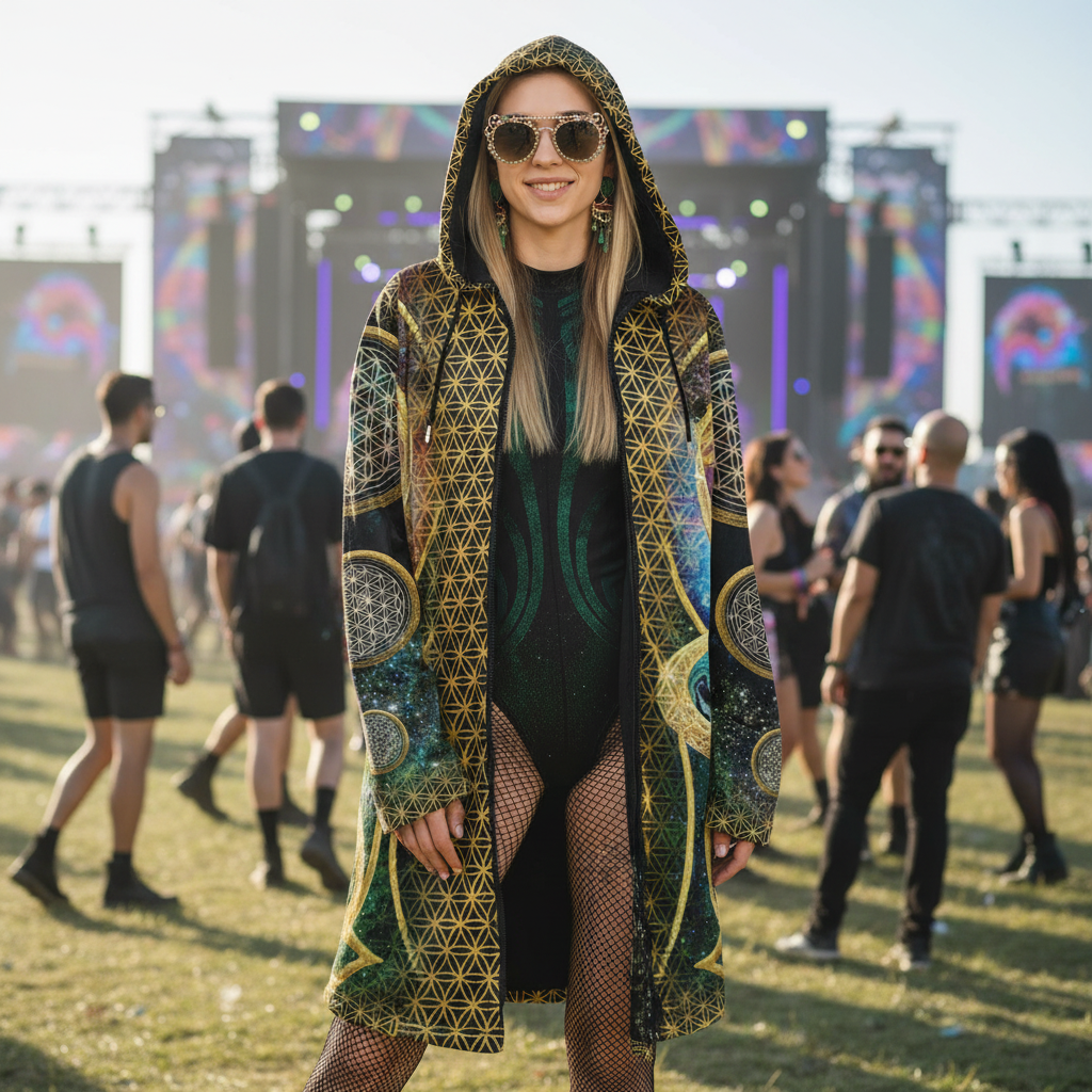 Mystic Eye Gold Women's Festival Cloak front view with festival cloak