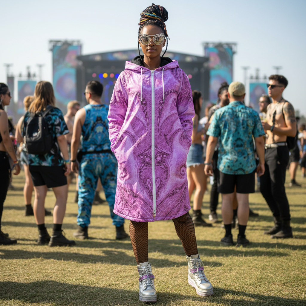 Pink Cosmic Flower Of Life Women's Festival Cloak side view with psychedelic art