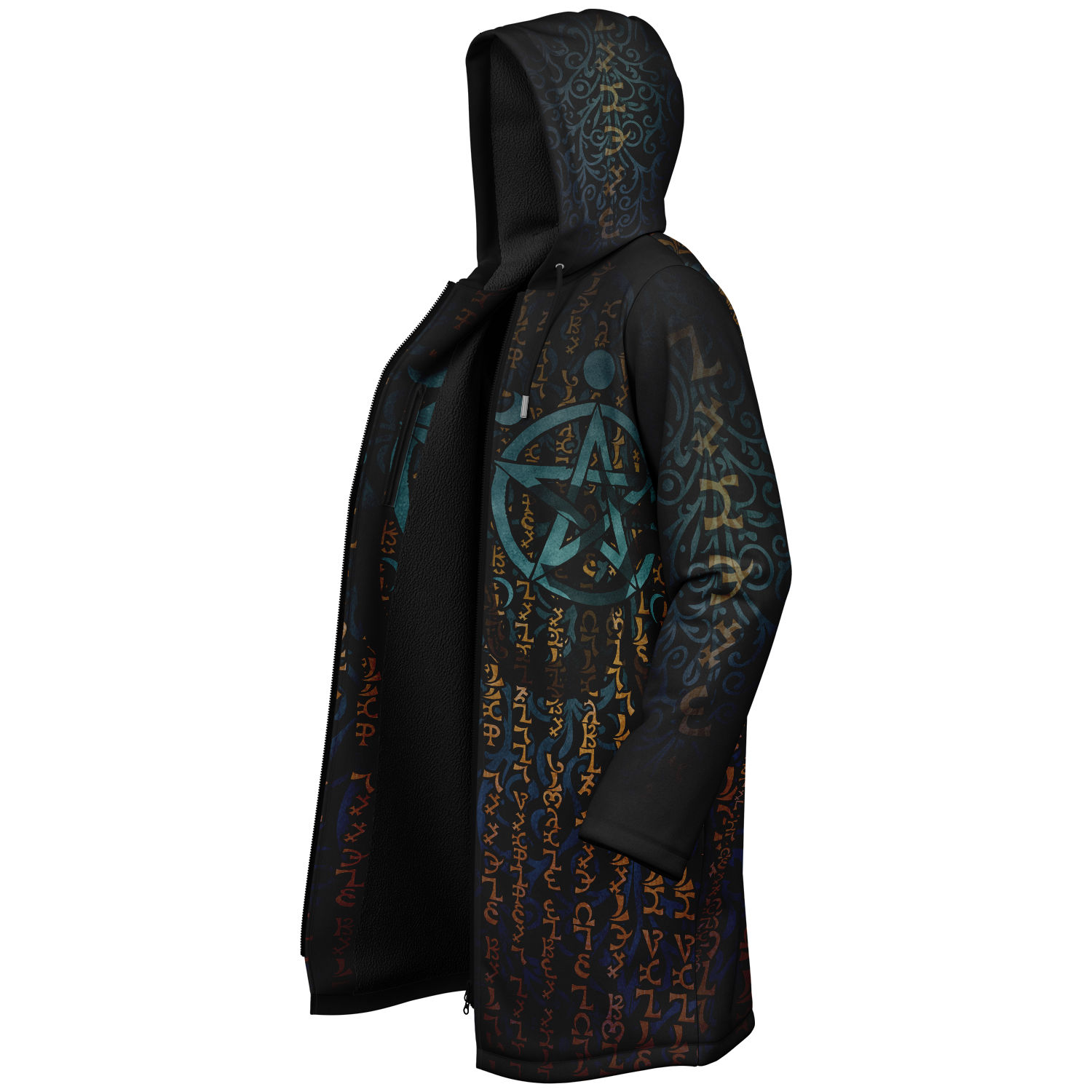 Enochian Vision Teal Men's Festival Cloak back view with rave culture