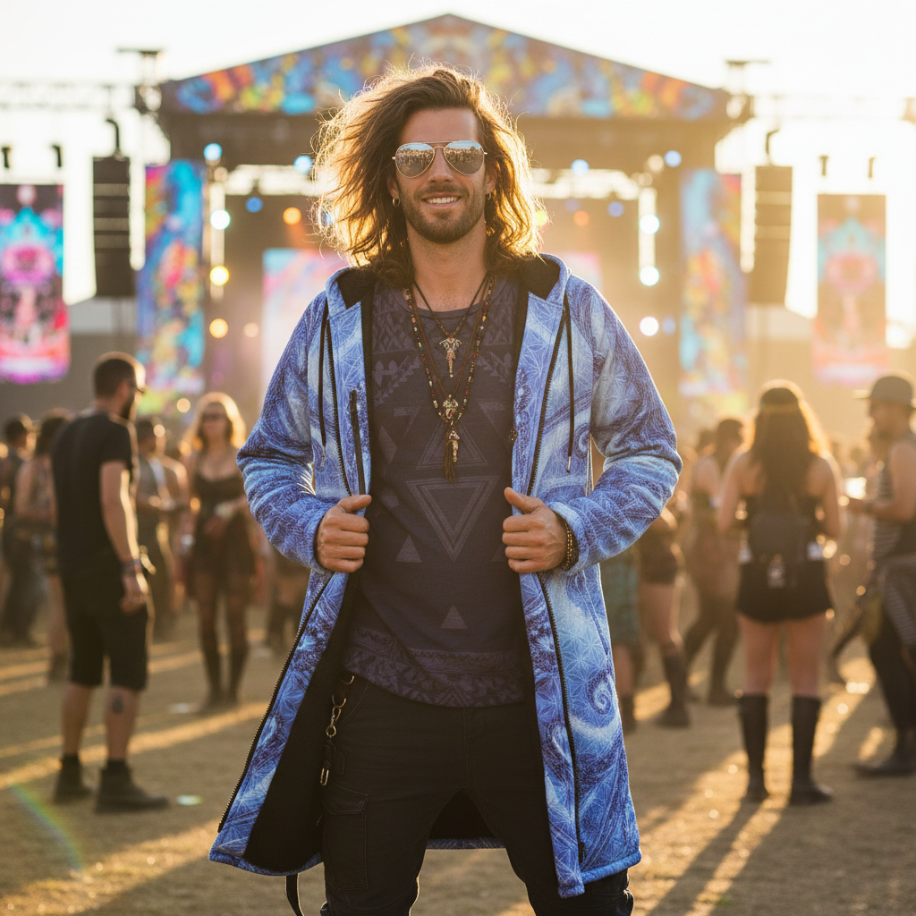 Blue Cosmic Flower Of Life Men's Festival Cloak back view with psytrance events