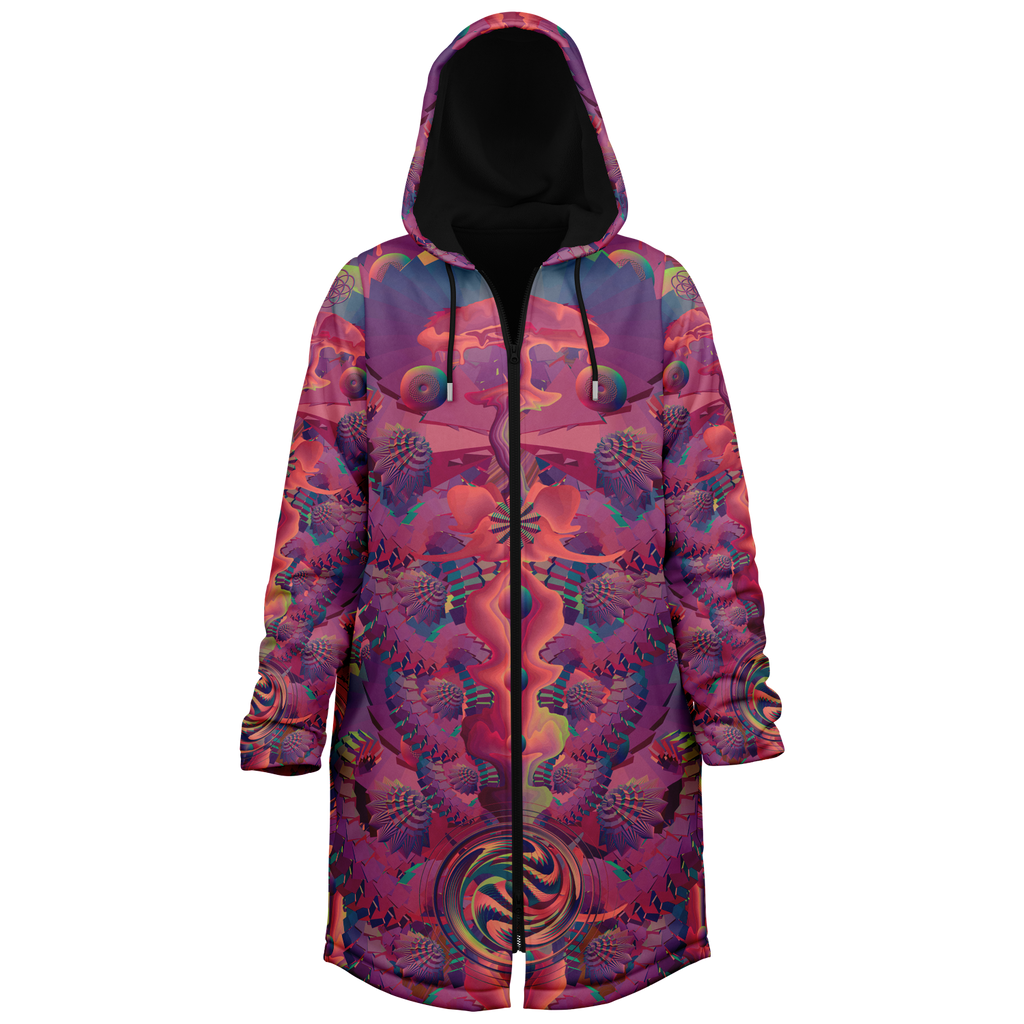 Fuchsia Shroom Flower Of Life Women's Festival Cloak side view with visionary art