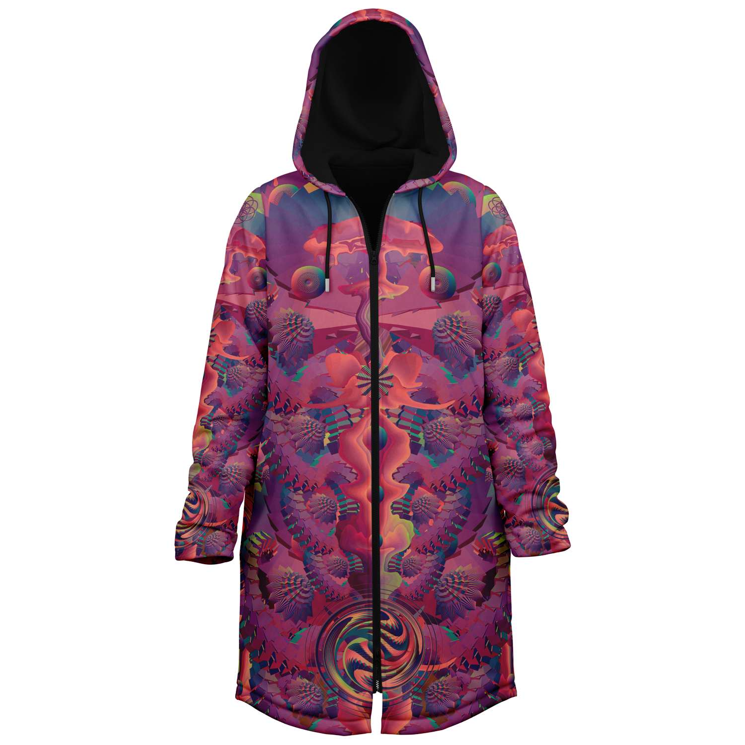 Fuchsia Shroom Flower Of Life Women's Festival Cloak side view with visionary art