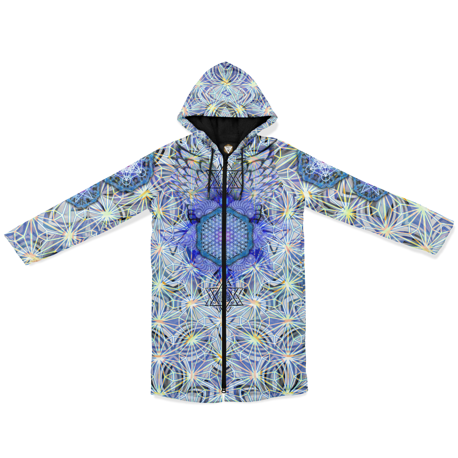Angel Catcher Light Blue Men's Festival Cloak front view with psychedelic festival art