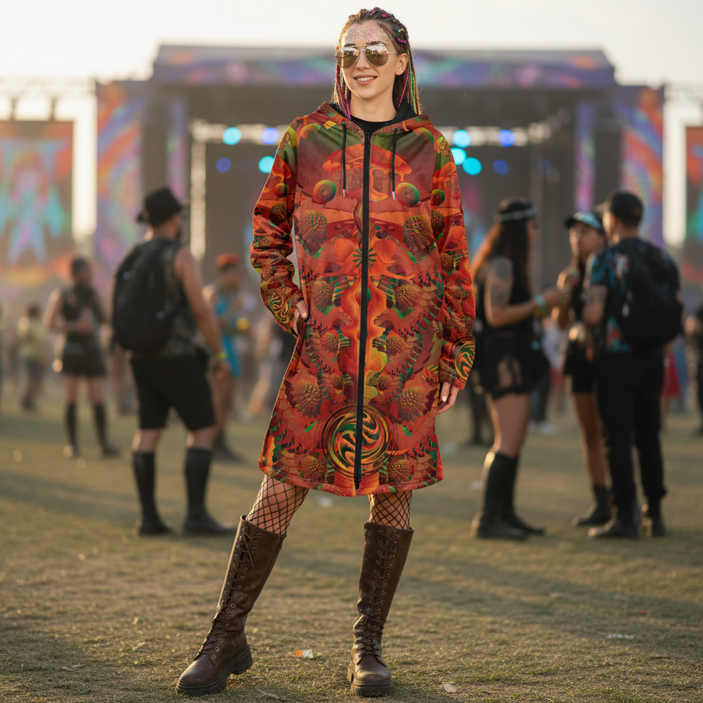 Orange Shroom Flower Of Life Women's Festival Cloak side view with trippy visionary art