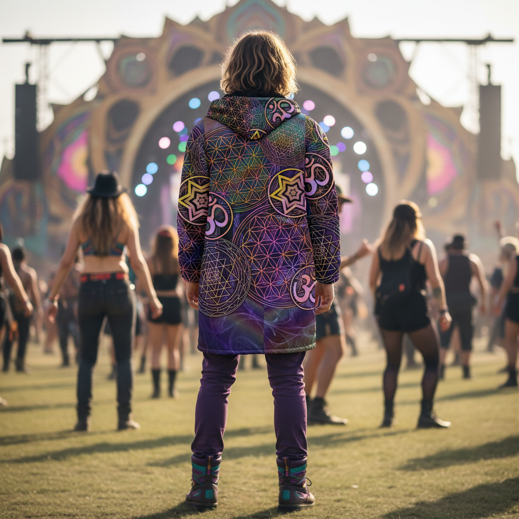 Sacred Geo Men's Festival Cloak detail view with spiritual fashion