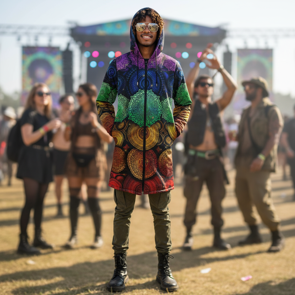 Chakra Mandala Men's Festival Cloak side view with occult-inspired art