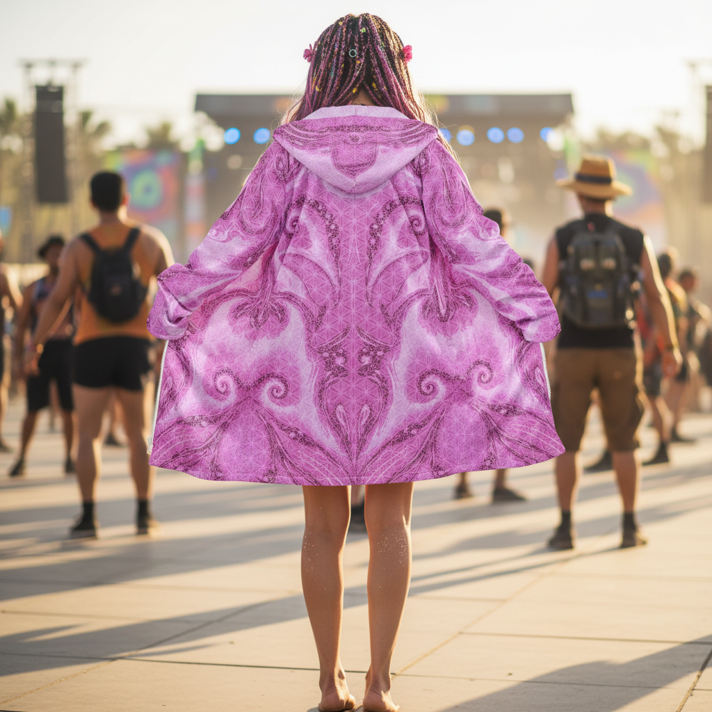 Pink Cosmic Flower Of Life Women's Festival Cloak front view with festival cloak
