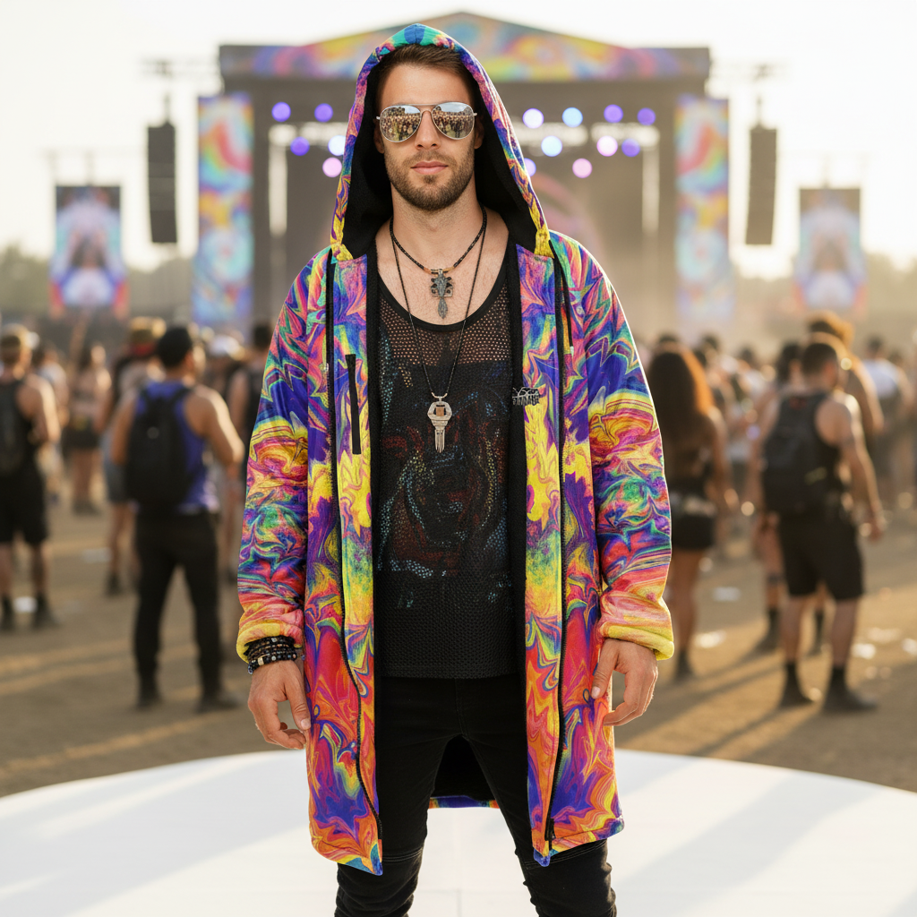 Windowpane Men's Festival Cloak back view with festival wear