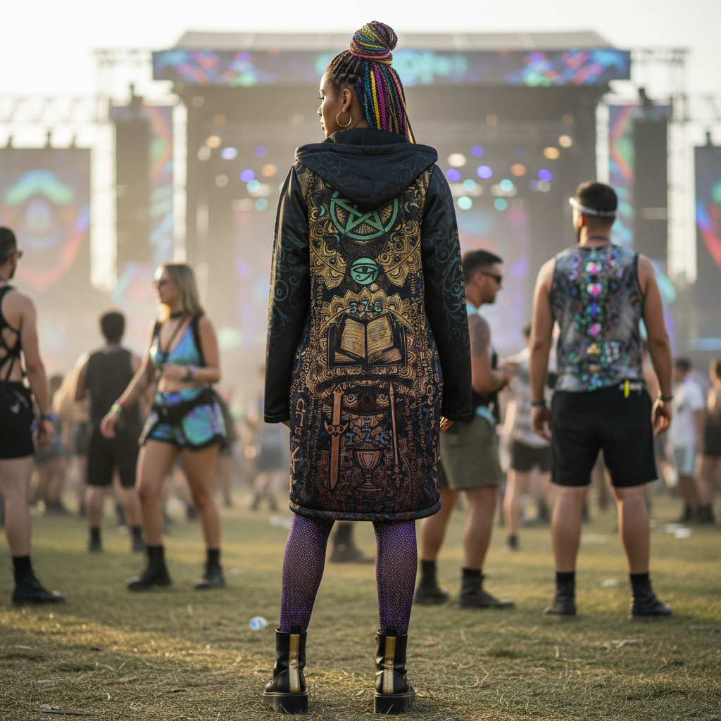 Enochian Vision Women's Festival Cloak back view with rave culture