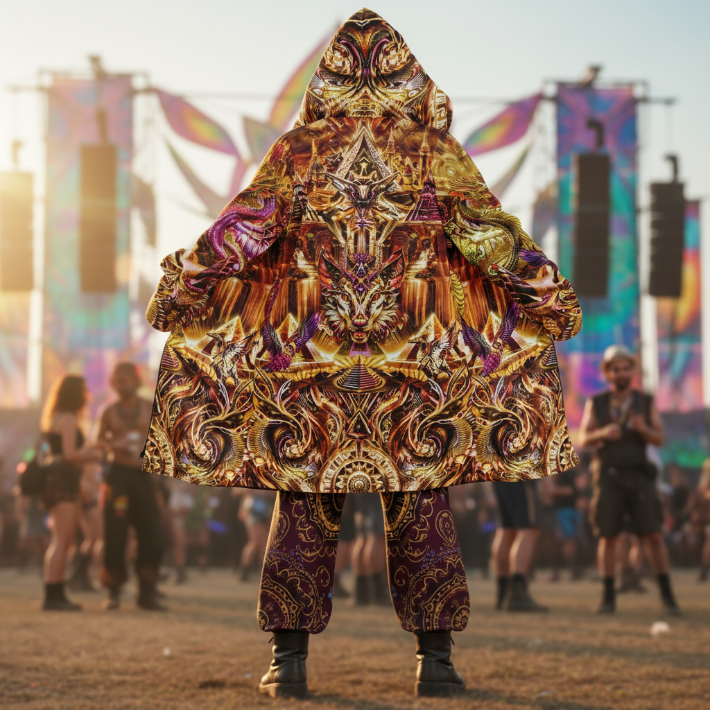 Colorful patterned hooded cloak, back view of the rave cloak at a festival or outdoor music concert