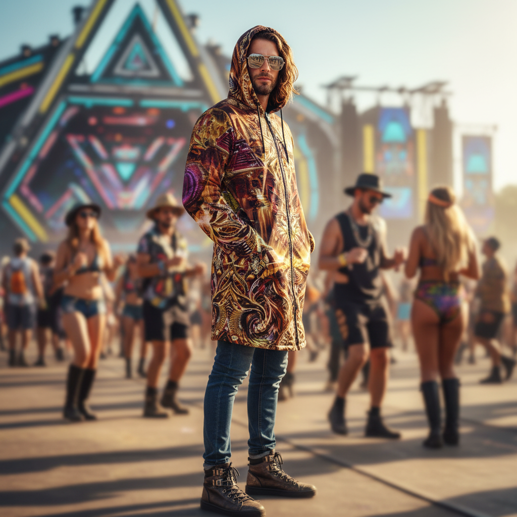 Man wearing a colorful patterned wolf and dragon spirit animal visionary art cloak at an outdoor music concert or festival