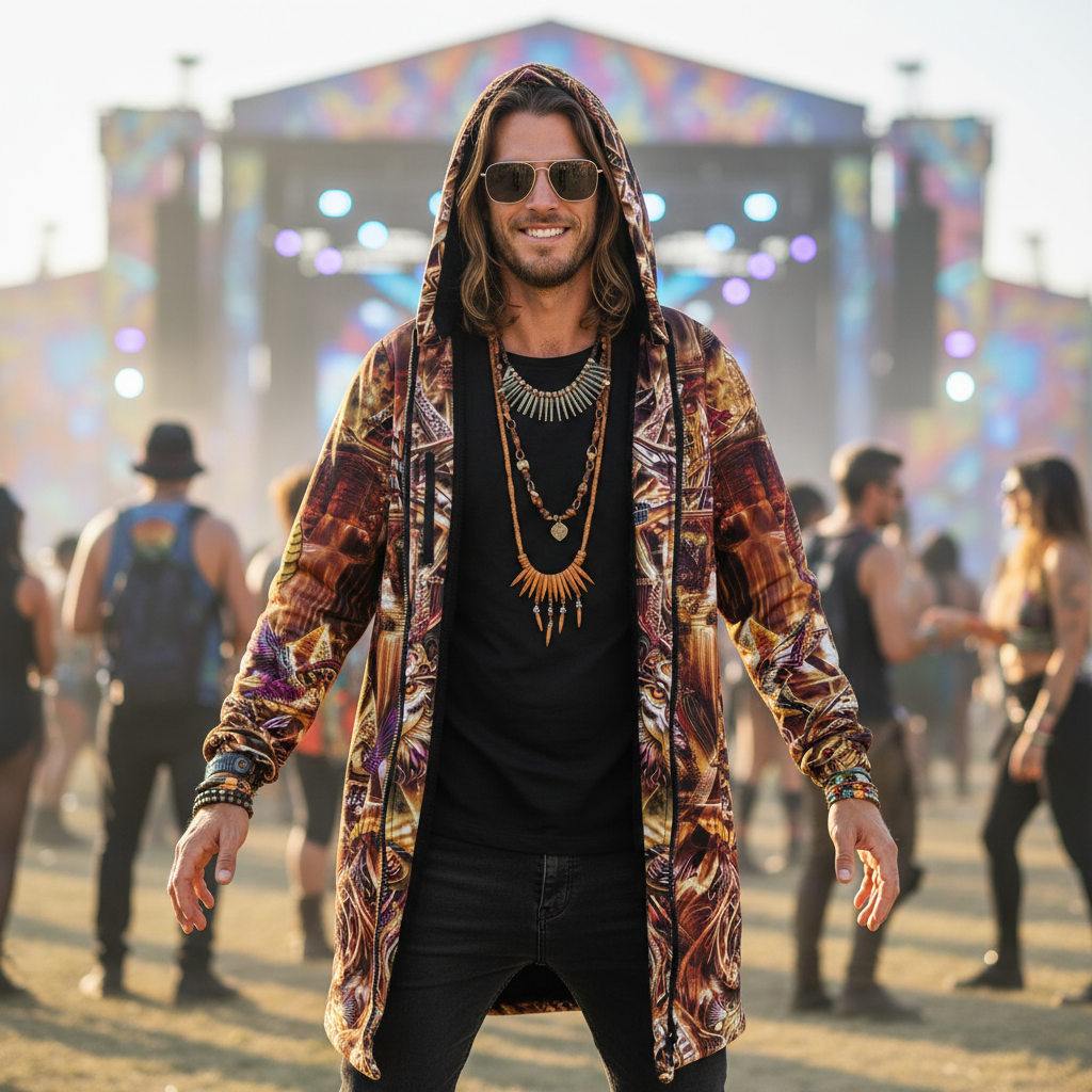 Man wearing a long, hooded festival jacket with orange intricate visionary art design at a rave or music festival 