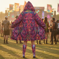 Fuchsia Shroom Flower Of Life Women's Festival Cloak front view with rave cloak