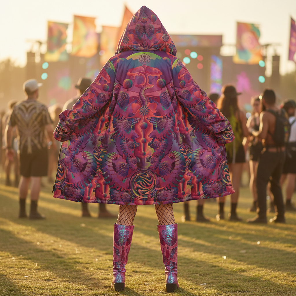 Fuchsia Shroom Flower Of Life Women's Festival Cloak front view with rave cloak