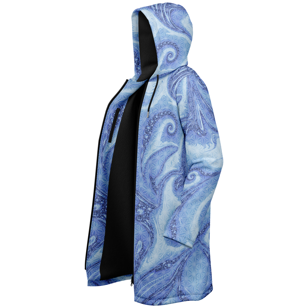 Blue Cosmic Flower Of Life Women's Festival Cloak detail view with mystical style