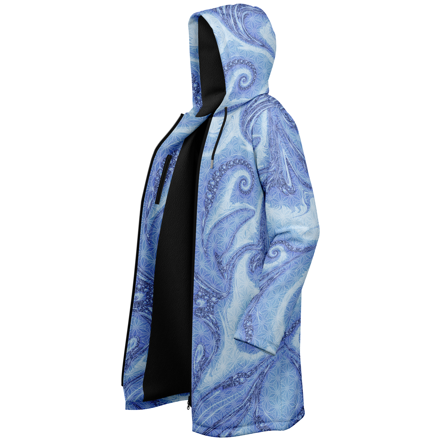Blue Cosmic Flower Of Life Women's Festival Cloak detail view with mystical style
