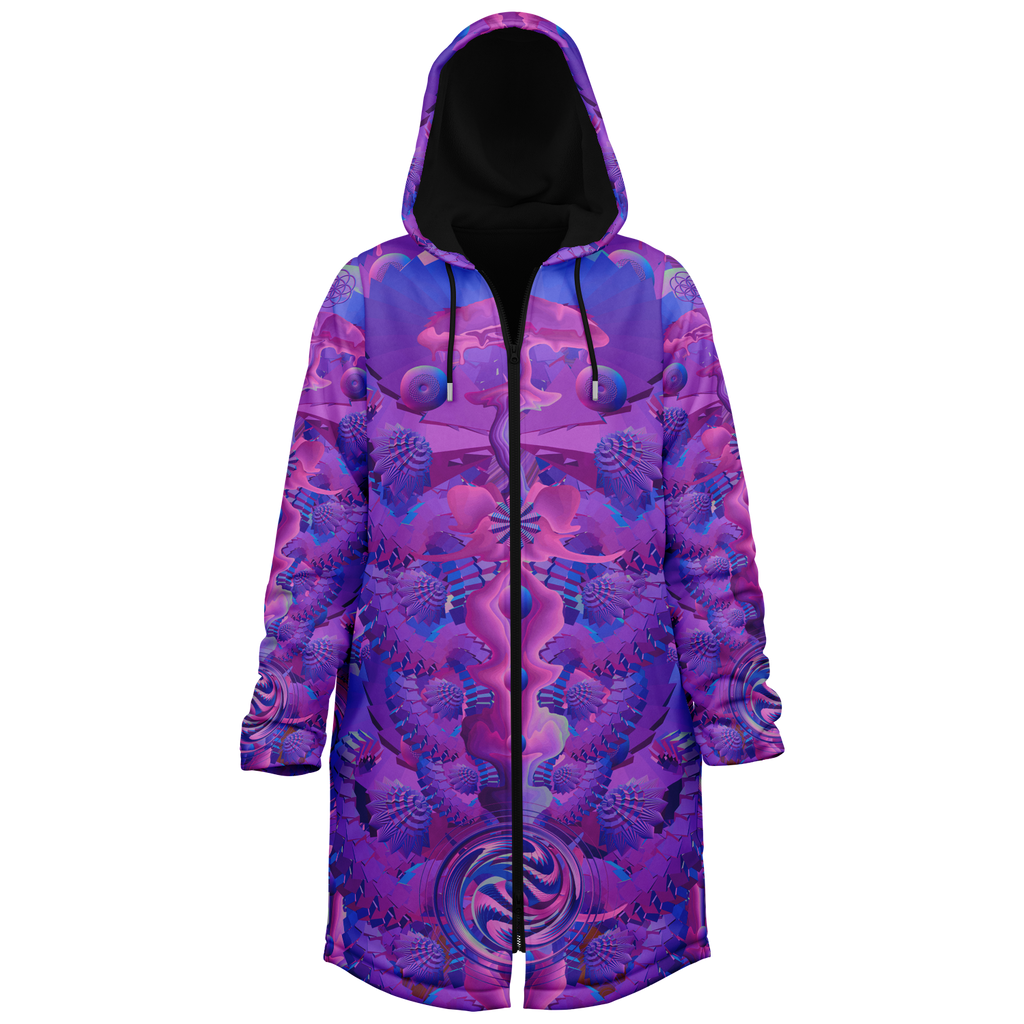 Purple Shroom Flower Of Life Women's Festival Cloak side view with sacred geometry art