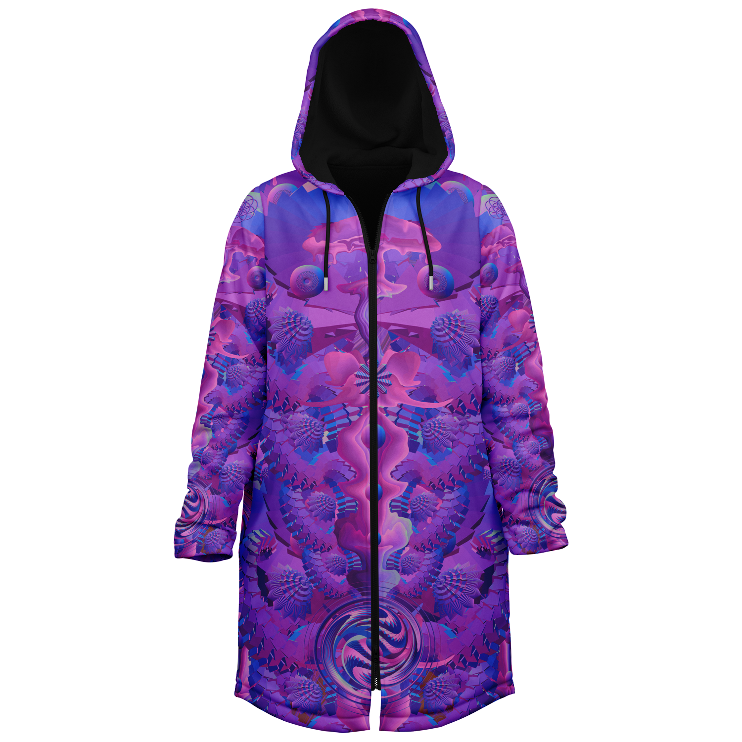 Purple Shroom Flower Of Life Women's Festival Cloak side view with sacred geometry art