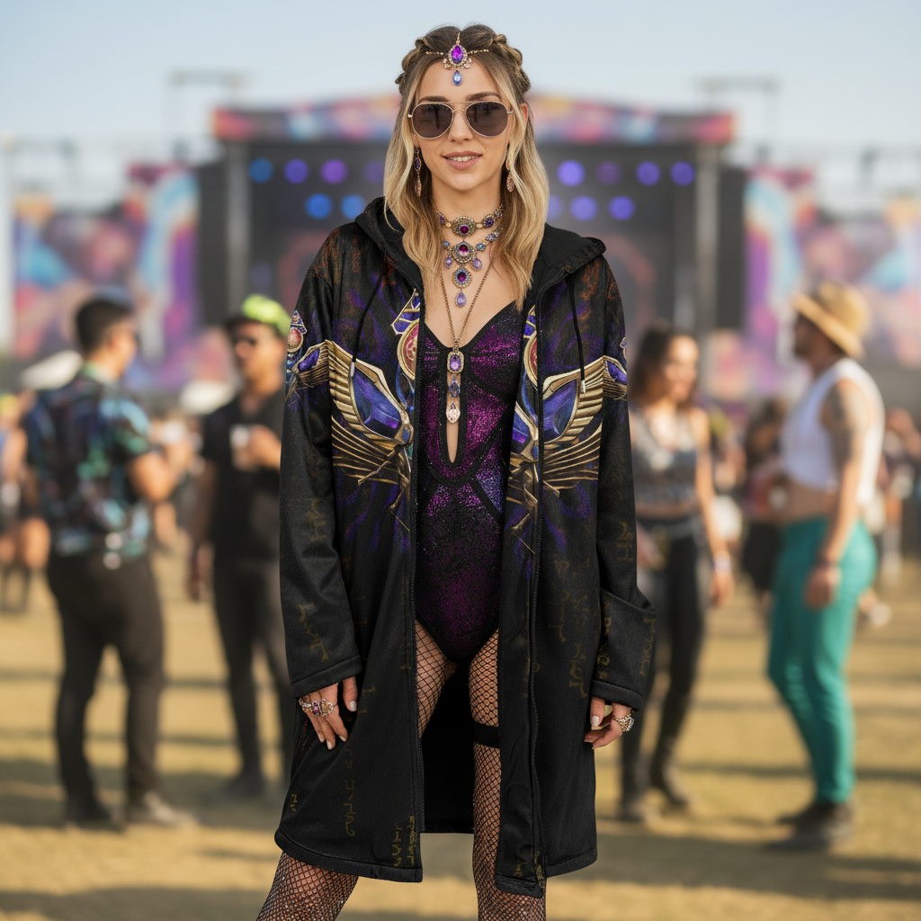 Golden Scarab Women's Festival Cloak side view with psychedelic art