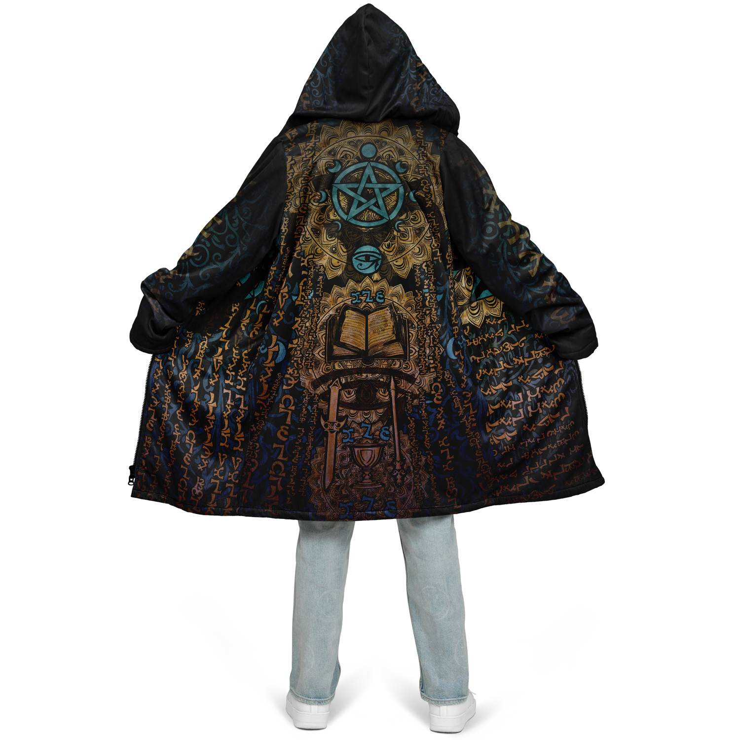 Enochian Vision Teal Men's Festival Cloak front view with psychedelic cloak